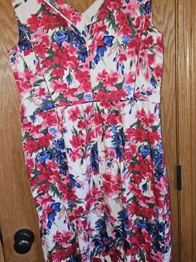 Worn 1x For Photo Talbots White Floral Fit-and-Flare Dress Pink and Blue Blooms